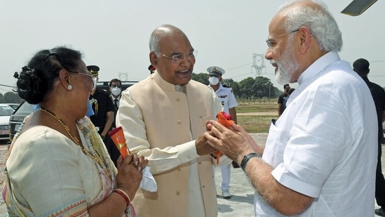 President Ram Nath Kovind received Prime Minister Narendra Modi on arrival at his native village Paraunkh in Kanpur Dehat.  (ANI)