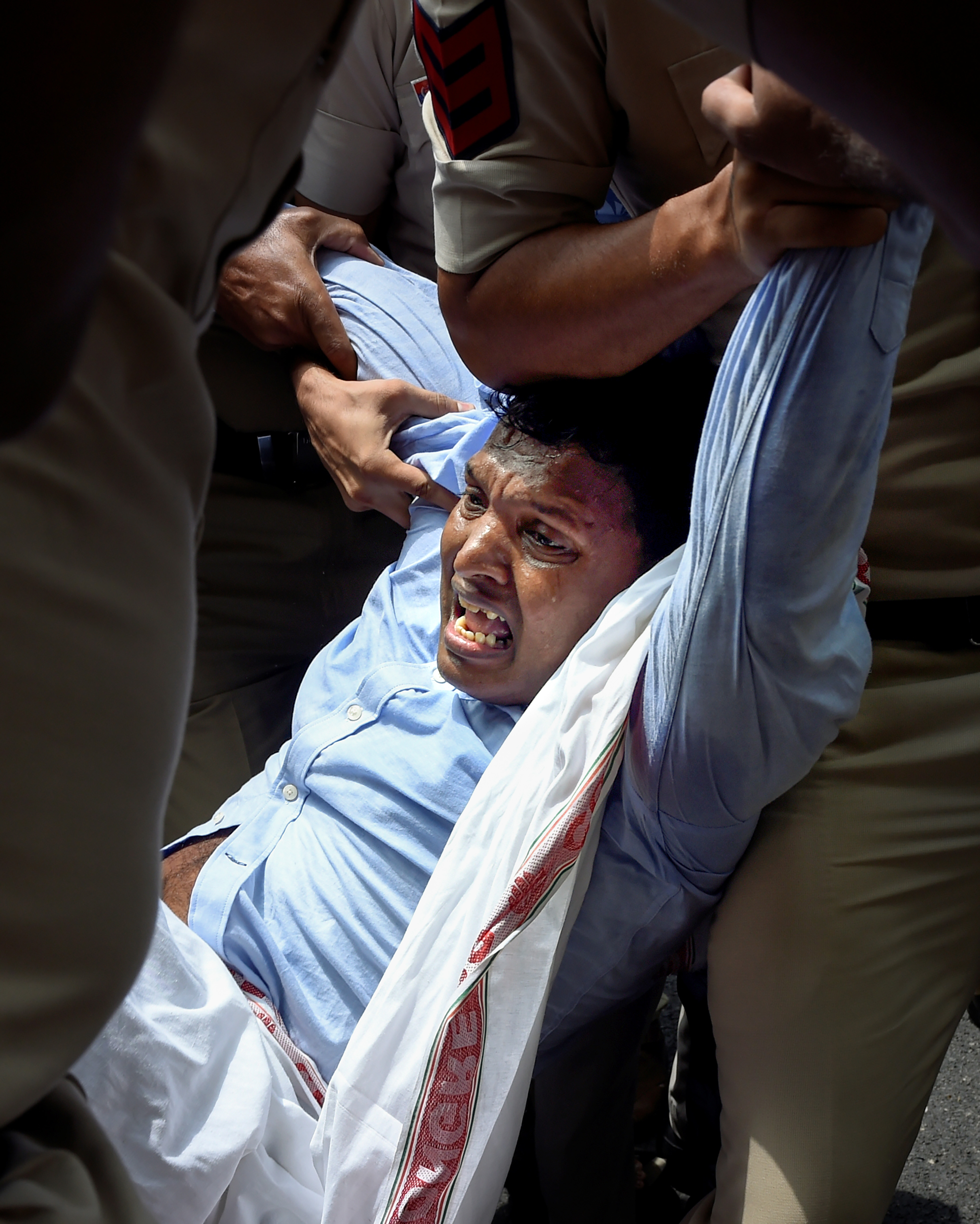 Youth Congress President Srinivas BV during a demonstration at the AICC office, in New Delhi, on Tuesday.&nbsp; (PTI)