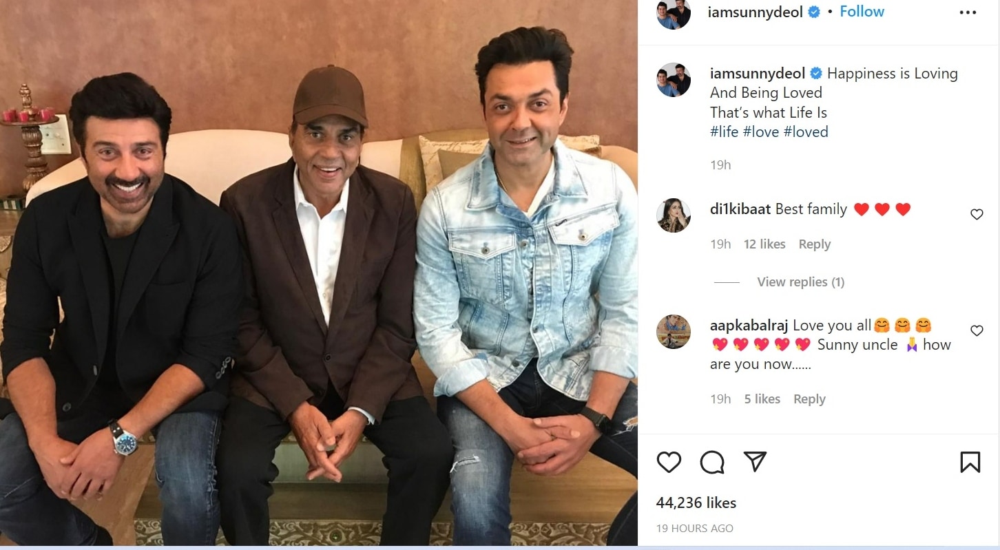 Sunny Deol shared a new picture with his father and brother.&nbsp;