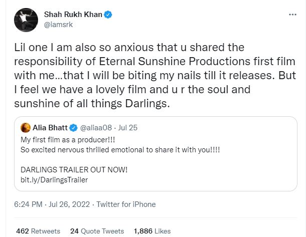 Shah Rukh quote tweeted Alia Bhatt and revealed that he is also anxious.