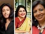 From left to right: HCL chairperson Roshni Nadar Malhotra, Nykaa founder and CEO Falguni Nayar and Biocon founder and CEO Kiran Mazumdar Shaw. From left to right: HCL chairperson Roshni Nadar Malhotra, Nykaa founder and CEO Falguni Nayar and Biocon founder and CEO Kiran Mazumdar Shaw.
