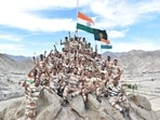 Indo Tibetan Border Police troops seen waving the 'Tiranga' at 12,000 feet in Ladakh(ANI) Indo Tibetan Border Police troops seen waving the 'Tiranga' at 12,000 feet in Ladakh(ANI)