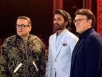 Anthony Russo and Joe Russo with Dhanush during a press conference of The Gray Man in Mumbai. (PTI)
