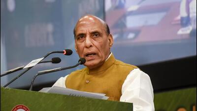 Union defence minister Rajnath Singh at the 'Ammo India 2022' conference in New Delhi on Wednesday. (PTI Photo)