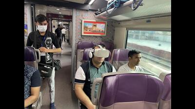 Passengers on Vande Bharat train to Katra can opt to watch a 15-minute 3D 360 video reality (VR) movie on Mata Vaishno Devi, which gives a detailed overview of the holy shrine. (HT Photo) Passengers on Vande Bharat train to Katra can opt to watch a 15-minute 3D 360 video reality (VR) movie on Mata Vaishno Devi, which gives a detailed overview of the holy shrine. (HT Photo)