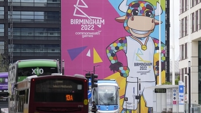 The Commonwealth Games mascot Perry the Bull on a large hoarding.&nbsp; (AP)