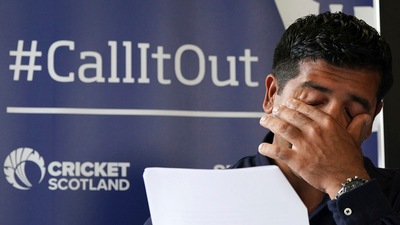 Majid Haq reacts during a press conference at the Stirling Court Hotel, Stirling, Scotland (AP)