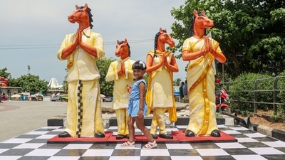 Chennai: Chess Olympiad mascot Thambi family displayed ahead of 44th World Chess Olympiad to be held from July 28th to August 10th at Mahabalipuram, near Marina beach in Chennai, (PTI) Chennai: Chess Olympiad mascot Thambi family displayed ahead of 44th World Chess Olympiad to be held from July 28th to August 10th at Mahabalipuram, near Marina beach in Chennai, (PTI)