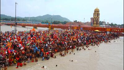Visuals from Haridwar on the last day of the Kanwar Yatra this year on Tuesday. (HT Photo) Visuals from Haridwar on the last day of the Kanwar Yatra this year on Tuesday. (HT Photo)