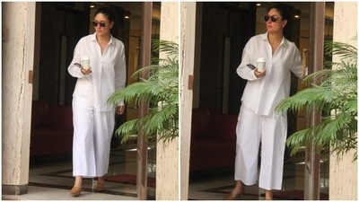 For an earlier outing, Kareena Kapoor Khan chose a comfy, easy-breezy white shirt and palazzo pants set. (HT Photo/Varinder Chawla) For an earlier outing, Kareena Kapoor Khan chose a comfy, easy-breezy white shirt and palazzo pants set. (HT Photo/Varinder Chawla)