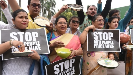 The Trinamool Congress party leaders raised the issue of price rise and the imposition of the Goods and Ssrvices Tax (GST) on certain essential daily-use items.