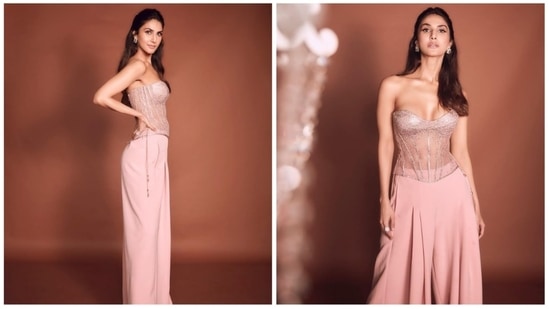 Vaani Kapoor made a fashion statement in rose gold attire co-ord set that comprises of a corset inspired strapless top and high-rise loose fit trousers.(Instagram/@_vaanikapoor_)
