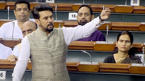 Union minister for information and broadcasting, youth affairs and sports Anurag Thakur speaks in Lok Sabha during the Monsson Session of Parliament, in New Delhi on Wednesday. (ANI Photo/ SansadTV)