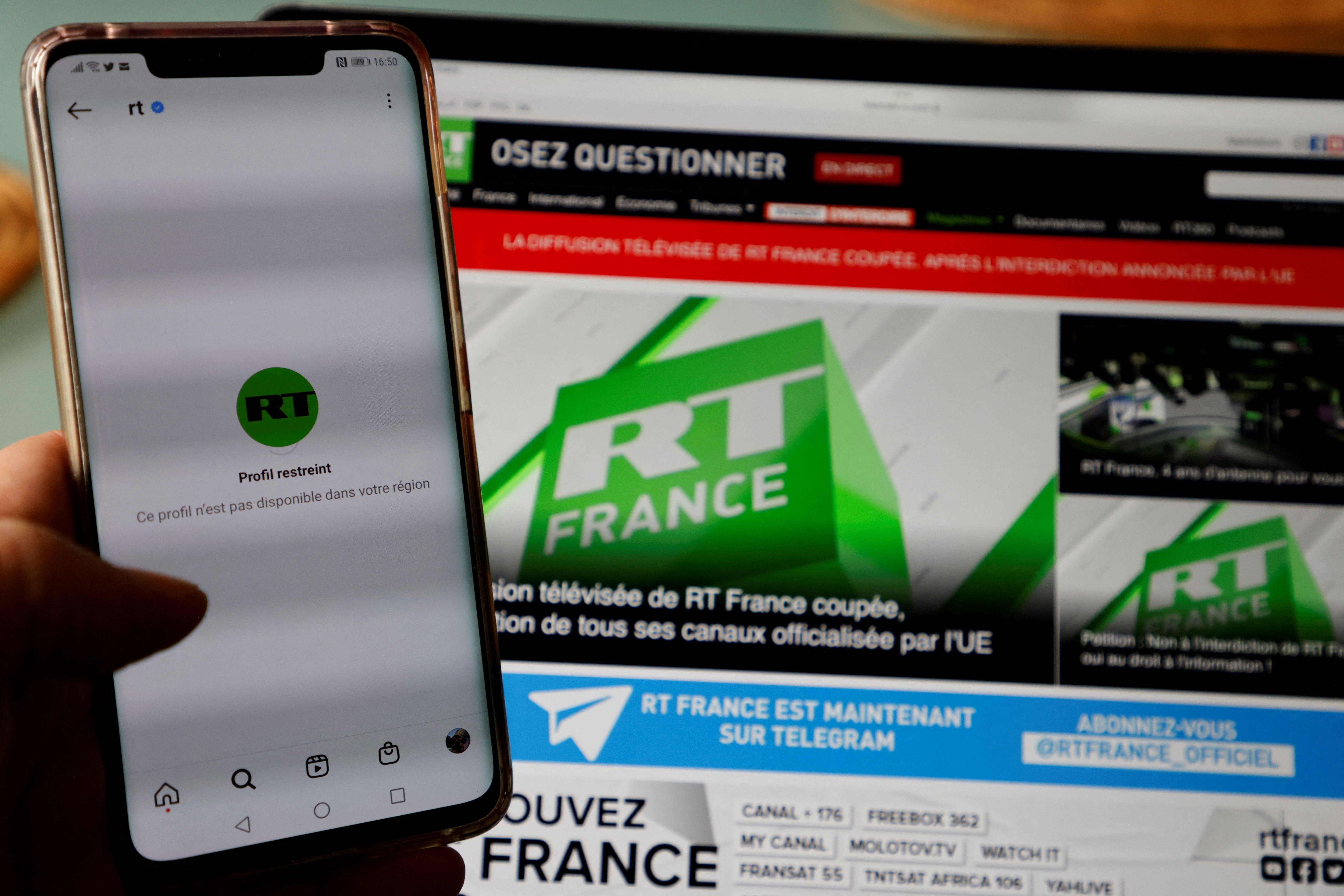 Consistently accused of parroting Russian state propaganda, RT has been blocked in most Western countries since President Vladimir Putin sent troops to Ukraine on February 24. (AFP) Consistently accused of parroting Russian state propaganda, RT has been blocked in most Western countries since President Vladimir Putin sent troops to Ukraine on February 24. (AFP)