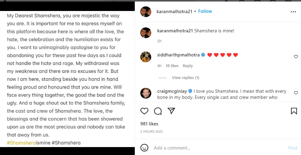 Shamshera's director Karan Malhotra opens up about film's failure in an Instagram post.