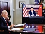US President Joe Biden speaks virtually with Chinese leader Xi Jinping from the White House in Washington, US. US President Joe Biden speaks virtually with Chinese leader Xi Jinping from the White House in Washington, US.