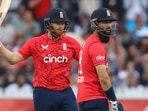 England's Jonny Bairstow (L) celebrates after scoring a half-century (50 runs) as teammate Moeen Ali looks on during the first T20 international cricket match between England and South Africa at Bristol County Ground.