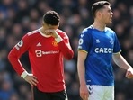 Manchester United's Cristiano Ronaldo reacts as Everton's Michael Keane looks on