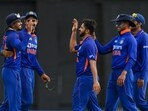 Shreyas Iyer, Shardul Thakur and Shikhar Dhawan celebrate the dismissal of Sharmarh Brooks during 1st ODI against West Indies(AFP)