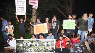 Mumbai, India - July 28, 2022: "Save Aarey" activists protest at Picnic Point, Aarey Colony, Goregaon, in Mumbai, India, on Thursday, July 28, 2022. (Photo by Vijay Bate/HT Photo) (HT PHOTO)