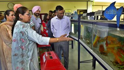 Inderjeet Singh, vice-chancellor with other senior staff members of Guru Angad Dev Veterinary and Animal Sciences University (GADVASU) during the Ornamental Fish Festival at College of Fisheries in Ludhiana. (Gurpreet Singh/HT)