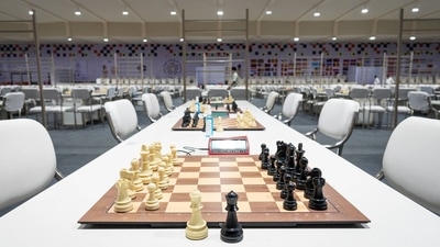 Final preparations at the playing area head of the 44th Chess Olympiad 2022, in Mahabalipuram (FIDE)