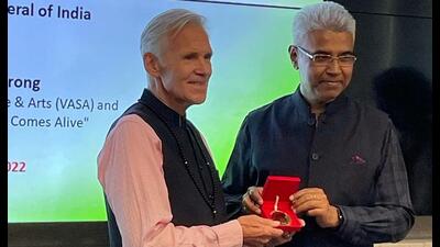 Canadian scholar Jeffrey Armstrong (left) being handed ICCR’s Distinguished Indologist Award by India’s consul-general Manish at a ceremony in Vancouver on Tuesday. (Credit: Consulate-general of India - Vancouver) Canadian scholar Jeffrey Armstrong (left) being handed ICCR’s Distinguished Indologist Award by India’s consul-general Manish at a ceremony in Vancouver on Tuesday. (Credit: Consulate-general of India - Vancouver)