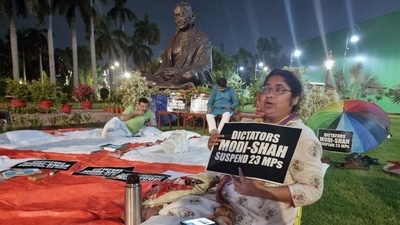 Suspended MPs, including Sanjay Singh, in Parliament complex during the Monsoon session in New Delhi on Thursday. Suspended MPs, including Sanjay Singh, in Parliament complex during the Monsoon session in New Delhi on Thursday. 