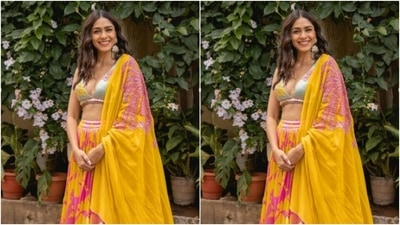 Styled by fashion stylist Archa Mehta, Mrunal decked up in nude eyeshadow, mascara-laden eyelashes, drawn eyebrows, contoured cheeks and a shade of nude lipstick. (Instagram/@mrunalthakur)