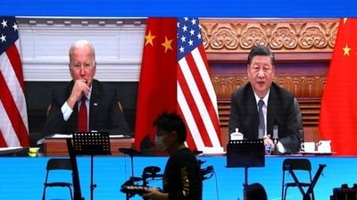 File photo of Chinese President Xi Jinping and US President Joe Biden in virtual meeting.&nbsp; (REUTERS)