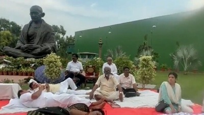 The suspended MPs are protesting against their suspension and demanding a discussion on the price rise. The suspended MPs are protesting against their suspension and demanding a discussion on the price rise.