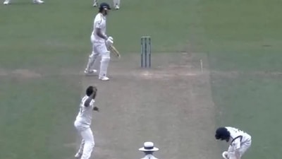 Ryan Patel throwing the ball after collecting it on his follow-through. (Screengrab)