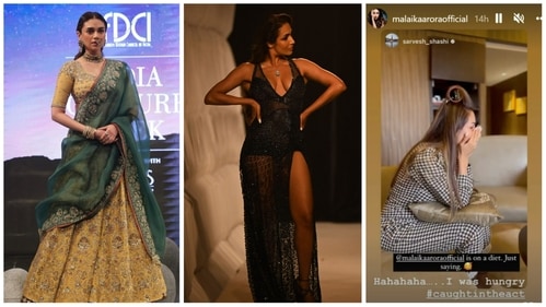 Aditi Rao Hydari and Malaika Arora at the fashion show. Malaika before turning a showstopper (right).