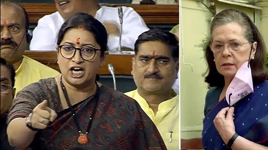 Union minister Smriti Irani and Congress leader Sonia Gandhi. (ANI)