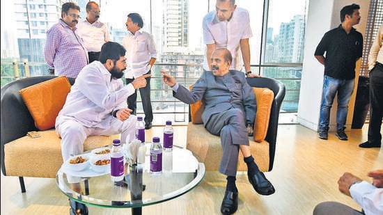 Chief minister Eknath Shinde with veteran Shiv Sena leader Manohar Joshi on Thursday Bhushan Koyande/HT Photo
