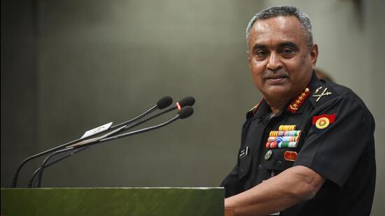 Chief of Army Staff Manoj Pande at the ‘Ammo India 2022’ conference in New Delhi on Thursday. (HT Photo)