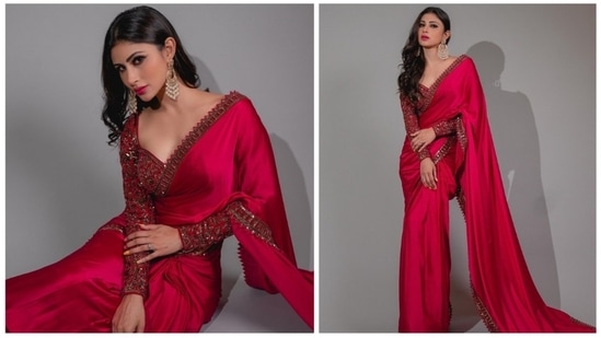 From red carpet wears to traditional fits, Mouni Royd actor can pull out any look effortlessly. In her earlier Instagram photos, she can be seen grabbing eyeballs in a red embellished.(Instagram/@imouniroy)