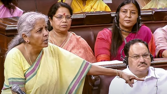 Union Finance Minister Nirmala Sitharaman speaks in the Rajya Sabha during ongoing Monsoon Session of Parliament, in New Delhi, (SANSAD TV/PTI Photo)(PTI)