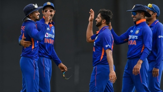 Shreyas Iyer, Shardul Thakur and Shikhar Dhawan celebrate the dismissal of Sharmarh Brooks during 1st ODI against West Indies(AFP)