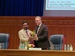 Outgoing Supreme Court Judge Justice AM Khanwilkar being felicitated at his farewell ceremony organised by the Supreme Court Bar Association, as Chief Justice of India (CJI) Justice NV Ramana looks on, in New Delhi.