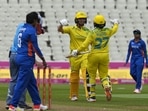 Australia's Ashleigh Gardner, center left, and Alana King celebrate after winning against India(AP)