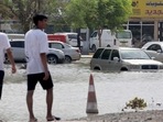 A flooded street is pictured in the UAE's Fujairah emirate following heavy rainfall on Friday. (AFP) A flooded street is pictured in the UAE's Fujairah emirate following heavy rainfall on Friday. (AFP)