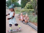The image, taken from a viral clip on Instagram, shows a girl doing a skateboard trick as her sisters look on.(Instagram/@thejohnsonettes) The image, taken from a viral clip on Instagram, shows a girl doing a skateboard trick as her sisters look on.(Instagram/@thejohnsonettes)