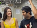 Ananya Panday and Vijay Deverakonda in a Mumbai local on Friday.&nbsp;