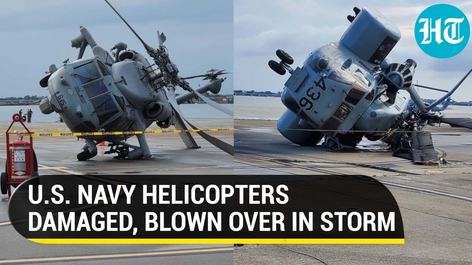 U.S Navy Seahawk & Sea Dragon helicopters blown over by the wind ...