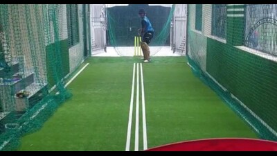Sarfaraz Khan during a net session at indoor turf at his home in Azamgarh. (Sourced) Sarfaraz Khan during a net session at indoor turf at his home in Azamgarh. (Sourced)