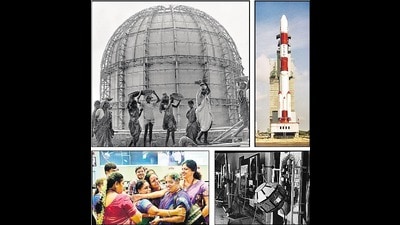 (Clockwise from top left) The BARC Bhabha Atomic Reactor at Trombay under construction in Bombay from 1957 to 1961; India’s first operational Polar Satellite Launch Vehicle (PSLV-cl) before it lifted off in 1997; India’s first indigenously built satellite, Aryabhata, which was launched into space in 1975; women scientists who worked on ISRO’s Mars Orbiter Mission celebrate its success in 2014. (Getty Images, HT Archives, ANI) (Clockwise from top left) The BARC Bhabha Atomic Reactor at Trombay under construction in Bombay from 1957 to 1961; India’s first operational Polar Satellite Launch Vehicle (PSLV-cl) before it lifted off in 1997; India’s first indigenously built satellite, Aryabhata, which was launched into space in 1975; women scientists who worked on ISRO’s Mars Orbiter Mission celebrate its success in 2014. (Getty Images, HT Archives, ANI)