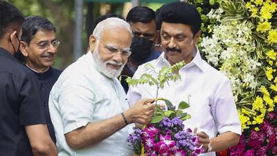 Prime Minister Narendra Modi being welcomed by Tamil Nadu chief minister MK Stalin to the 42nd convocation of Anna University in Chennai on Friday. (PTI) Prime Minister Narendra Modi being welcomed by Tamil Nadu chief minister MK Stalin to the 42nd convocation of Anna University in Chennai on Friday. (PTI)