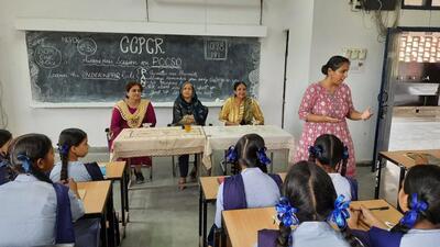 An awareness session underway at Government Model Senior Secondary School, Sector 35, Chandigarh. (HT Photo)