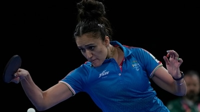 India's Manika Batra competes against South Africa's Musfiquh Kalam during the women's team table tennis competition Commonwealth Games in Birmingham, England (AP)